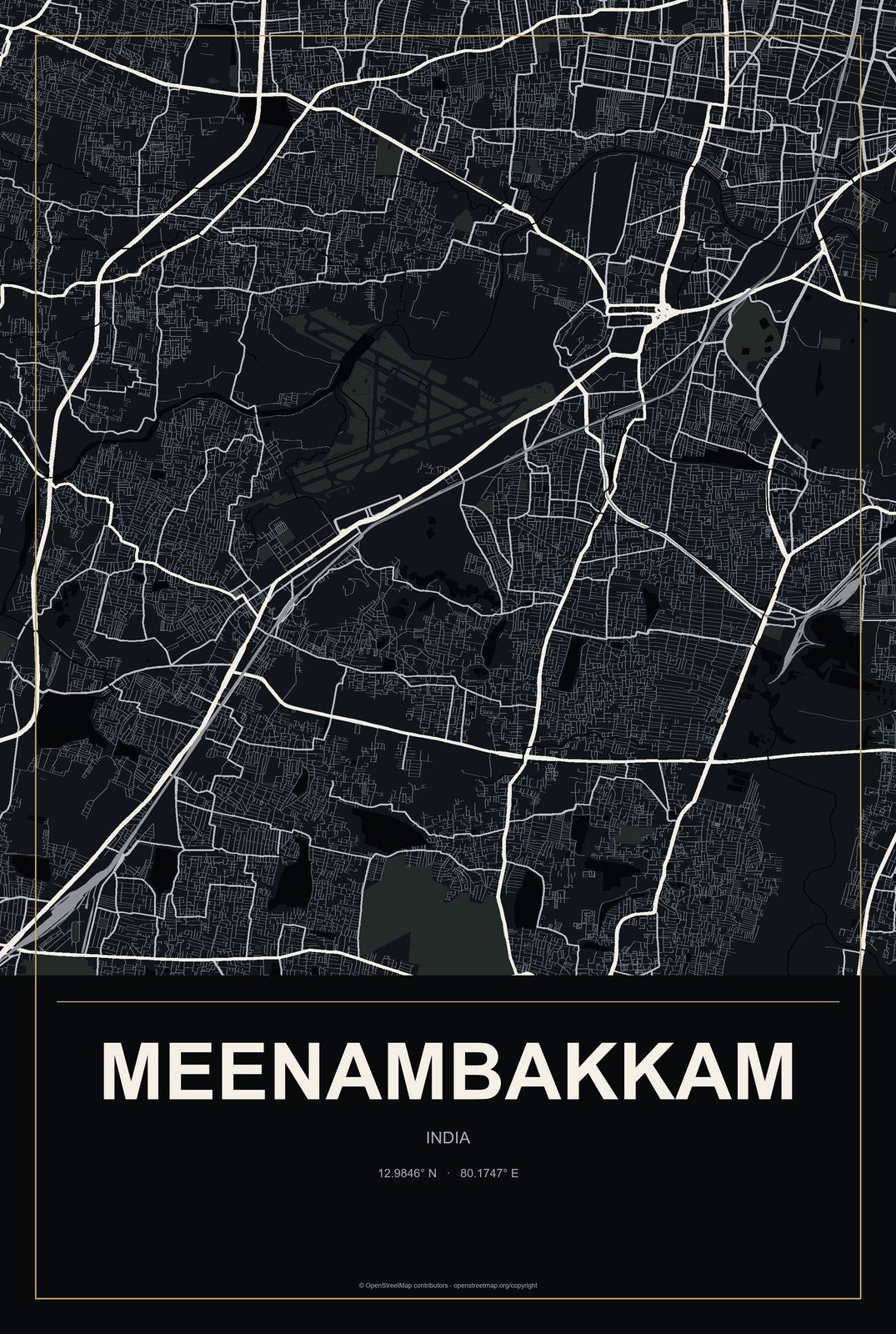 Meenambakkam, India City Map Aluminum Sign in Metropolitan Noir style