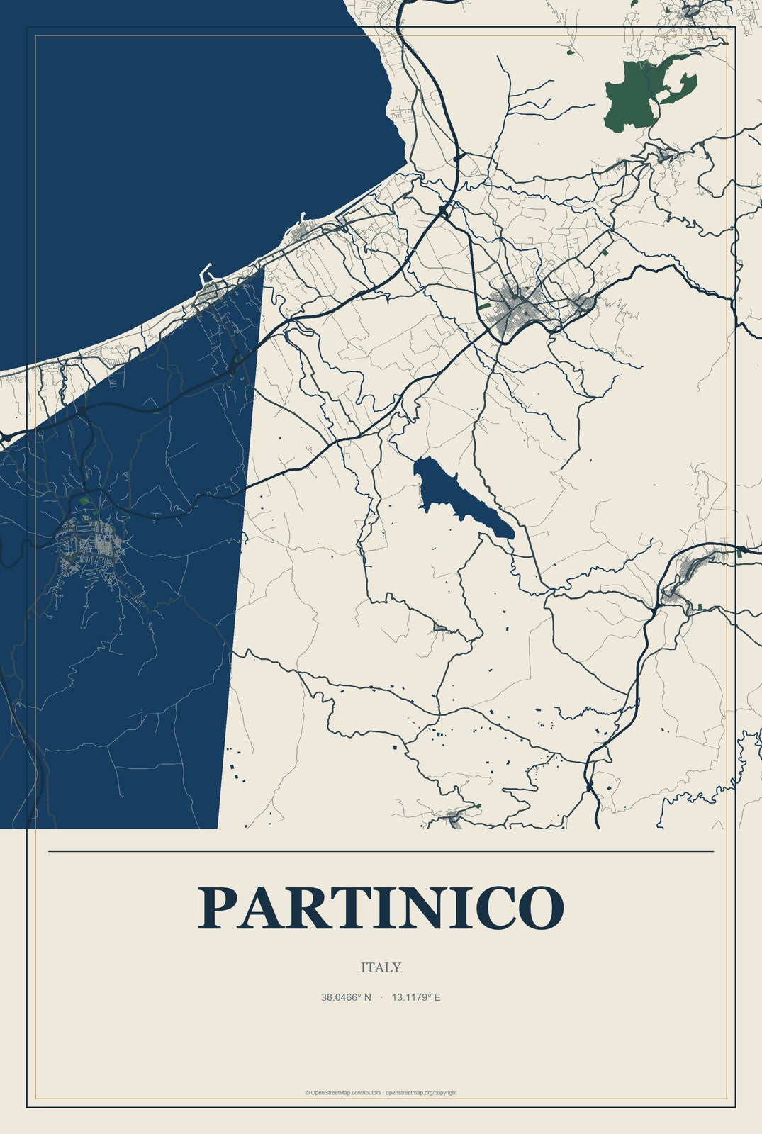 Partinico, Italy City Map Aluminum Sign in Coastal Cutout style