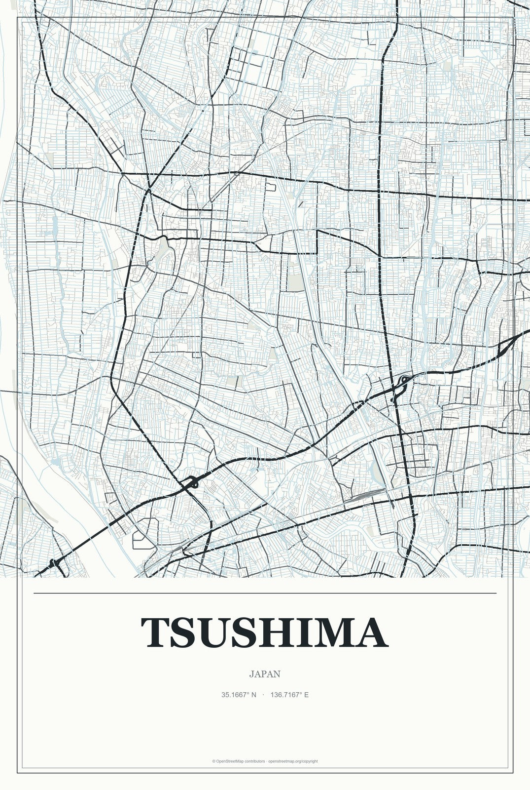 Tsushima, Aichi, Japan City Map Aluminum Sign in Gallery Air style