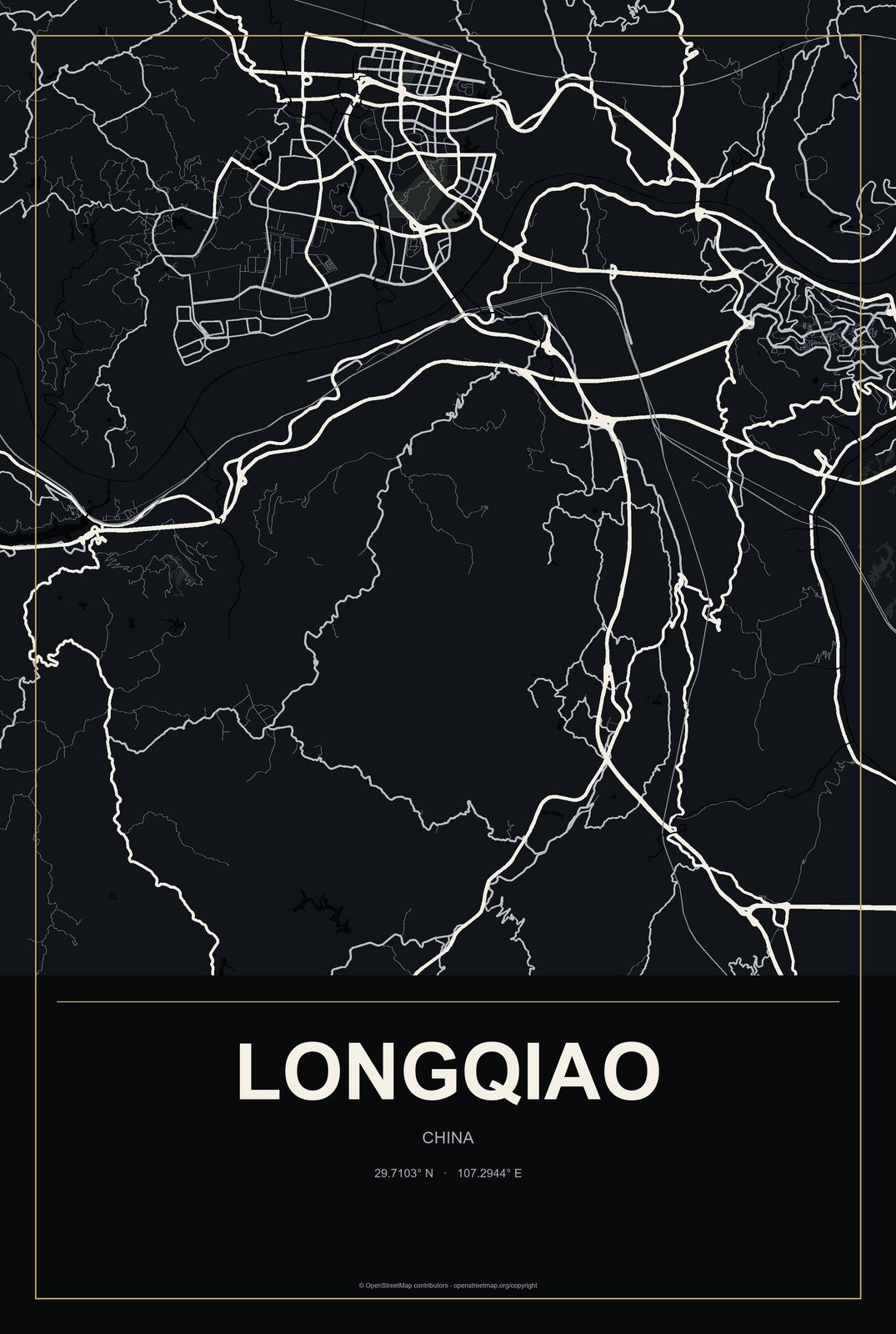 Longqiao, China City Map Aluminum Sign in Metropolitan Noir style