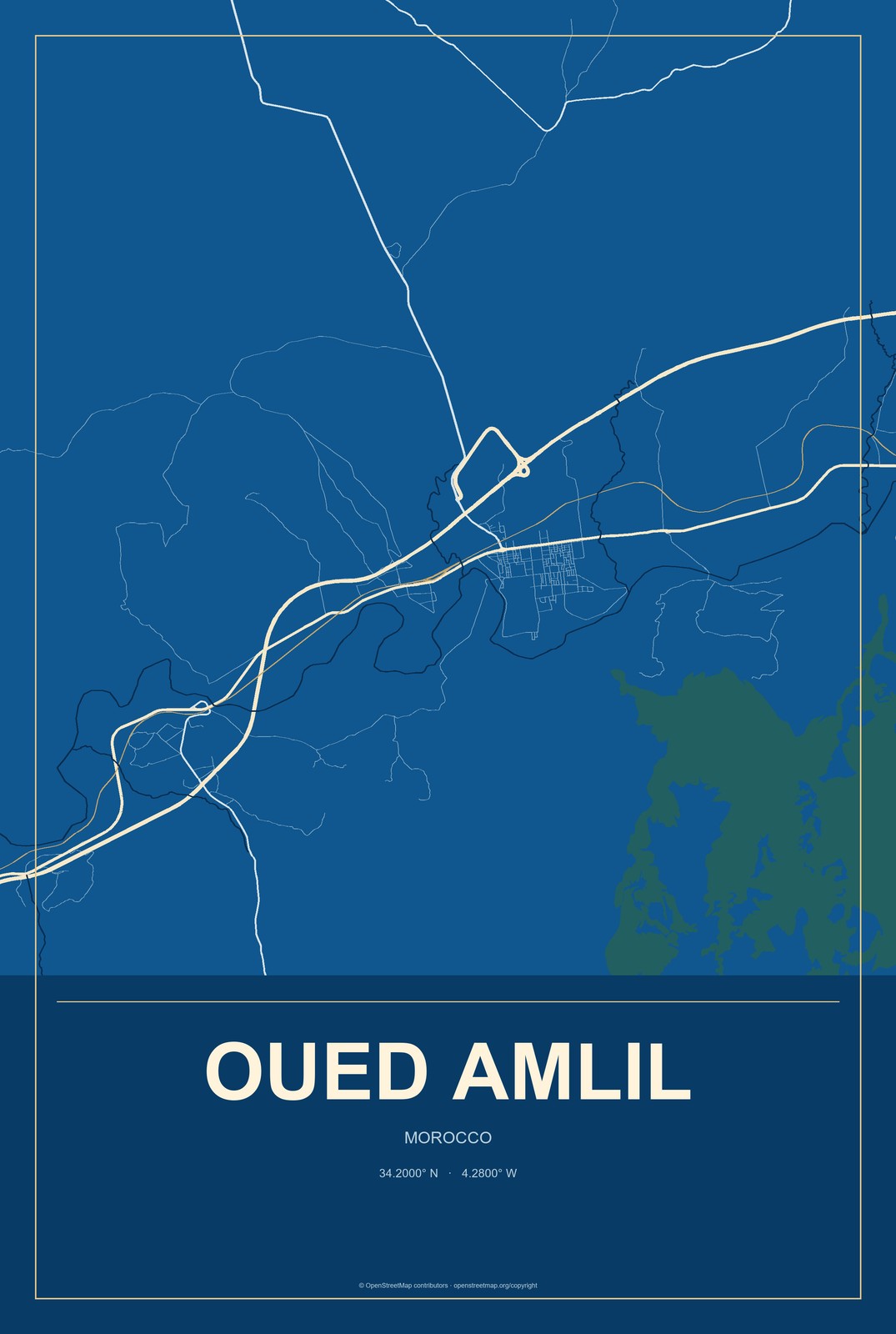 Oued Amlil, Morocco City Map Aluminum Sign in Harbor Cobalt style