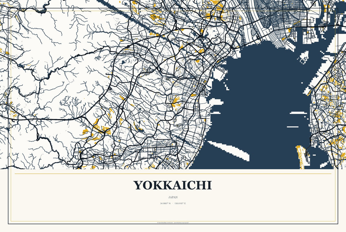Yokkaichi, Oita, Japan City Map Aluminum Sign in Citrine Modern style