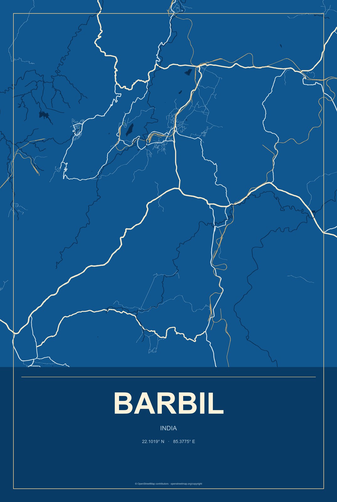 Barbil, India City Map Aluminum Sign in Harbor Cobalt style
