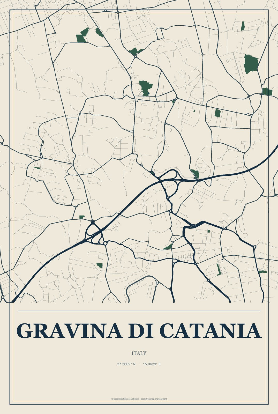 Gravina di Catania, Italy City Map Aluminum Sign in Coastal Cutout style