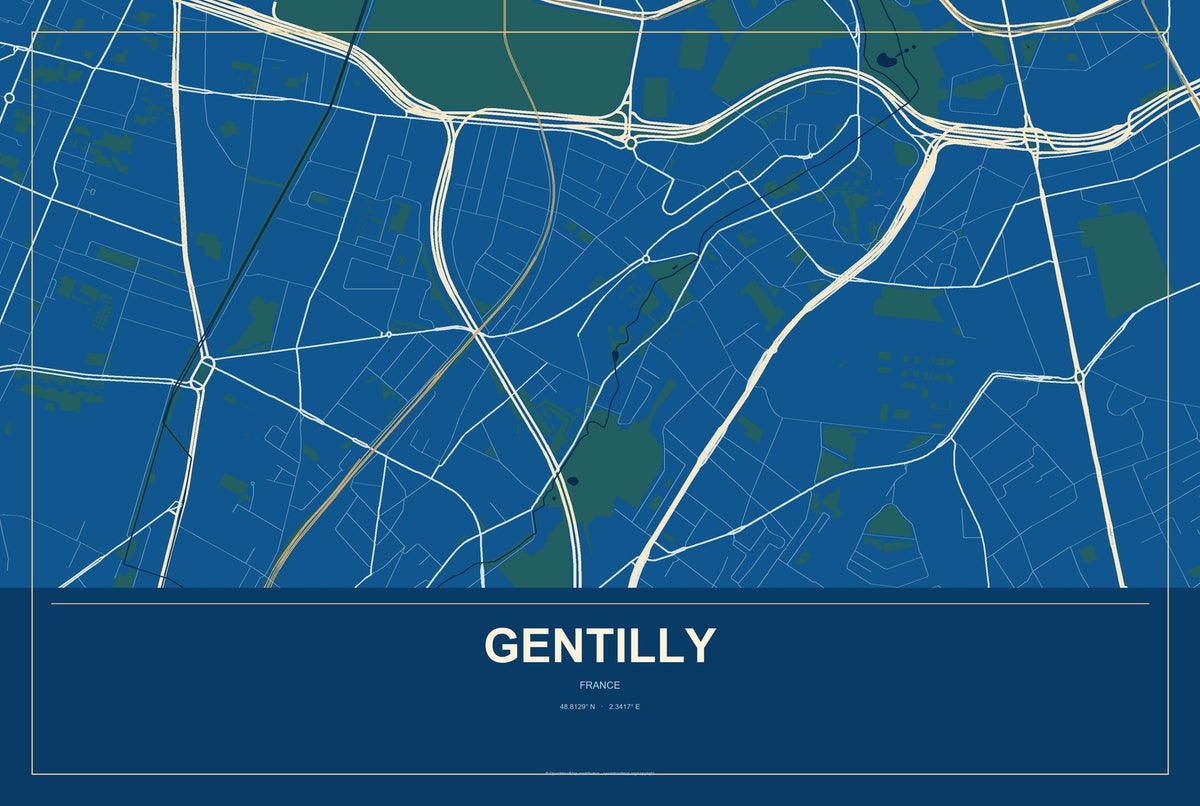 Gentilly, France City Map Aluminum Sign in Harbor Cobalt style