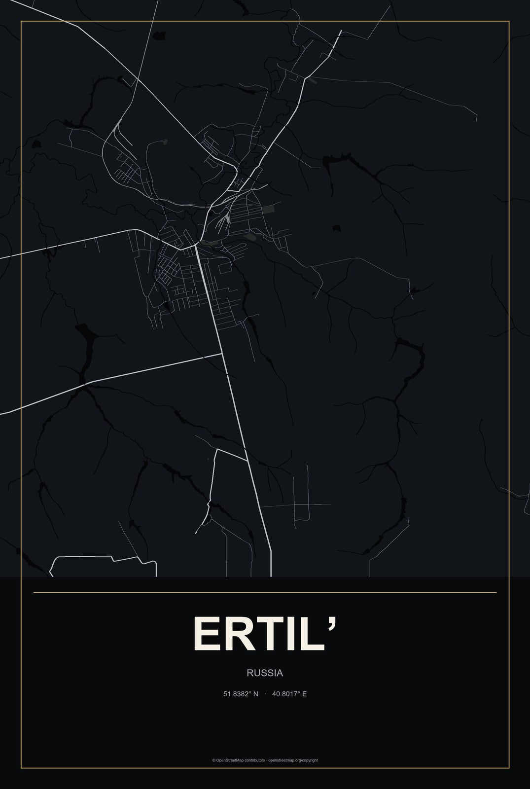 Ertil’, Russia City Map Aluminum Sign in Metropolitan Noir style