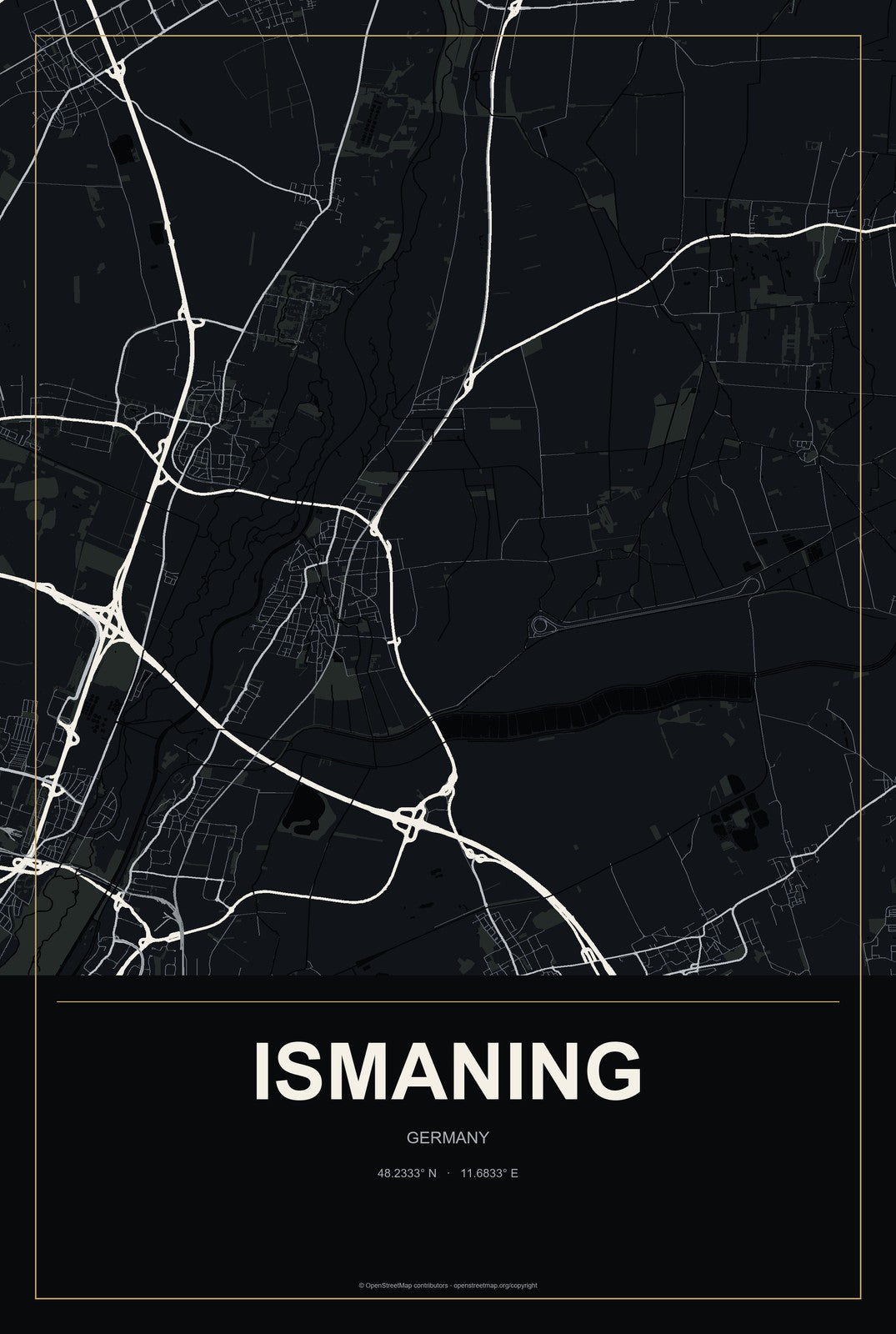 Ismaning, Germany City Map Aluminum Sign in Metropolitan Noir style