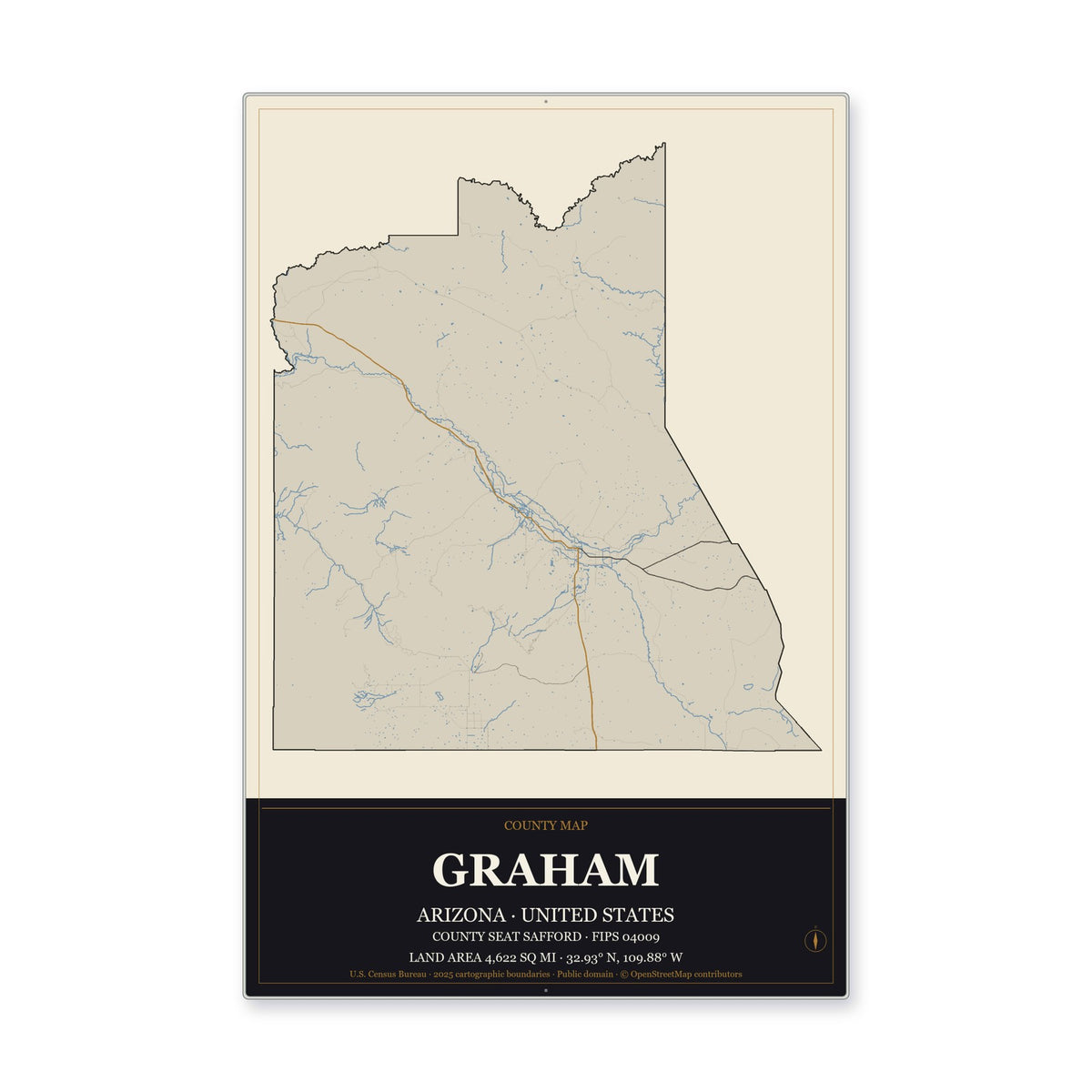 Graham County, Arizona Map Aluminum Sign in Museum Plaque style