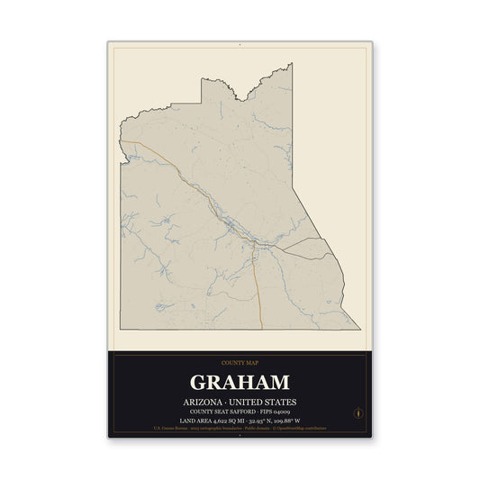 Graham County, Arizona Map Aluminum Sign in Museum Plaque style