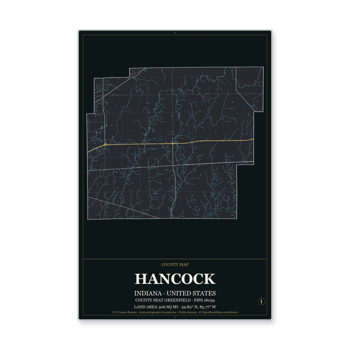 Hancock County, Indiana Map Aluminum Sign in Metropolitan Noir style