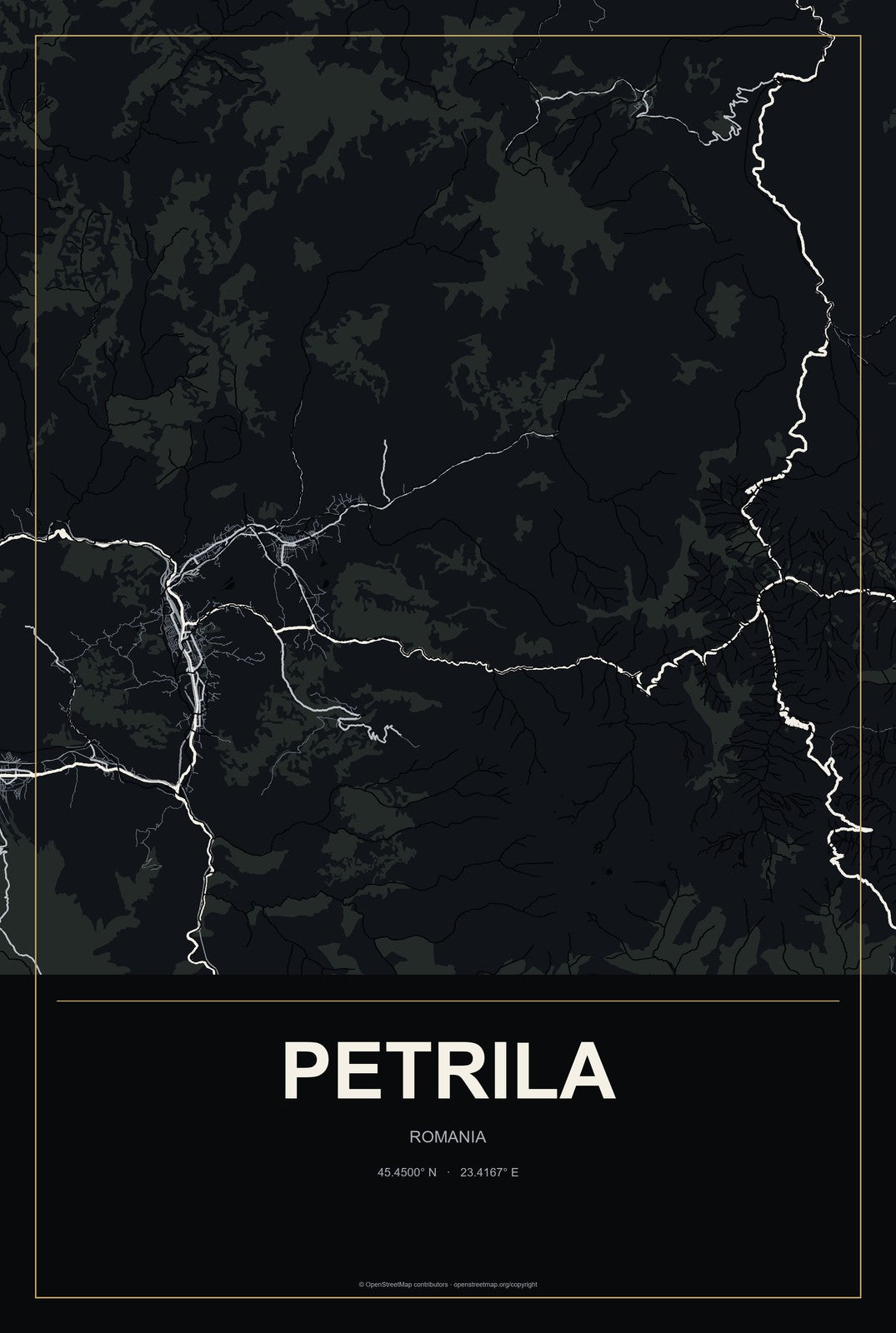 Petrila, Romania City Map Aluminum Sign in Metropolitan Noir style
