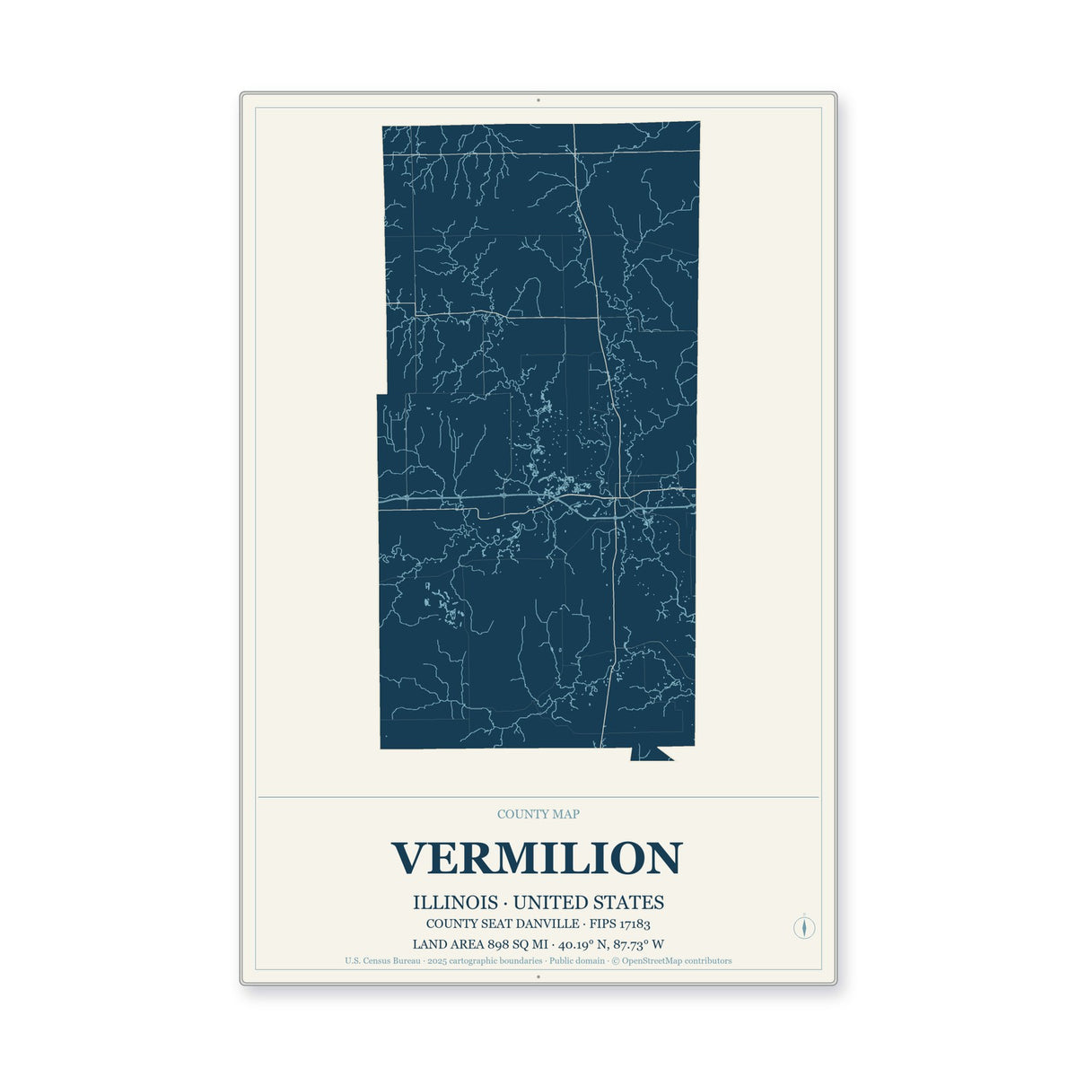 Vermilion County, Illinois Map Aluminum Sign in Coastal Cutout style