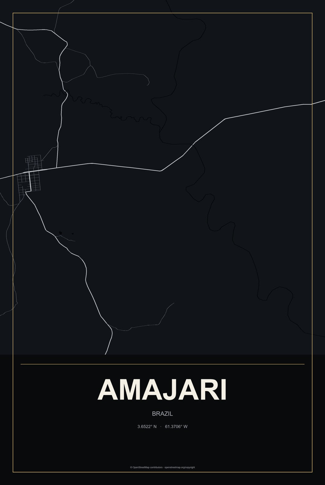 Amajari, Brazil City Map Aluminum Sign in Metropolitan Noir style