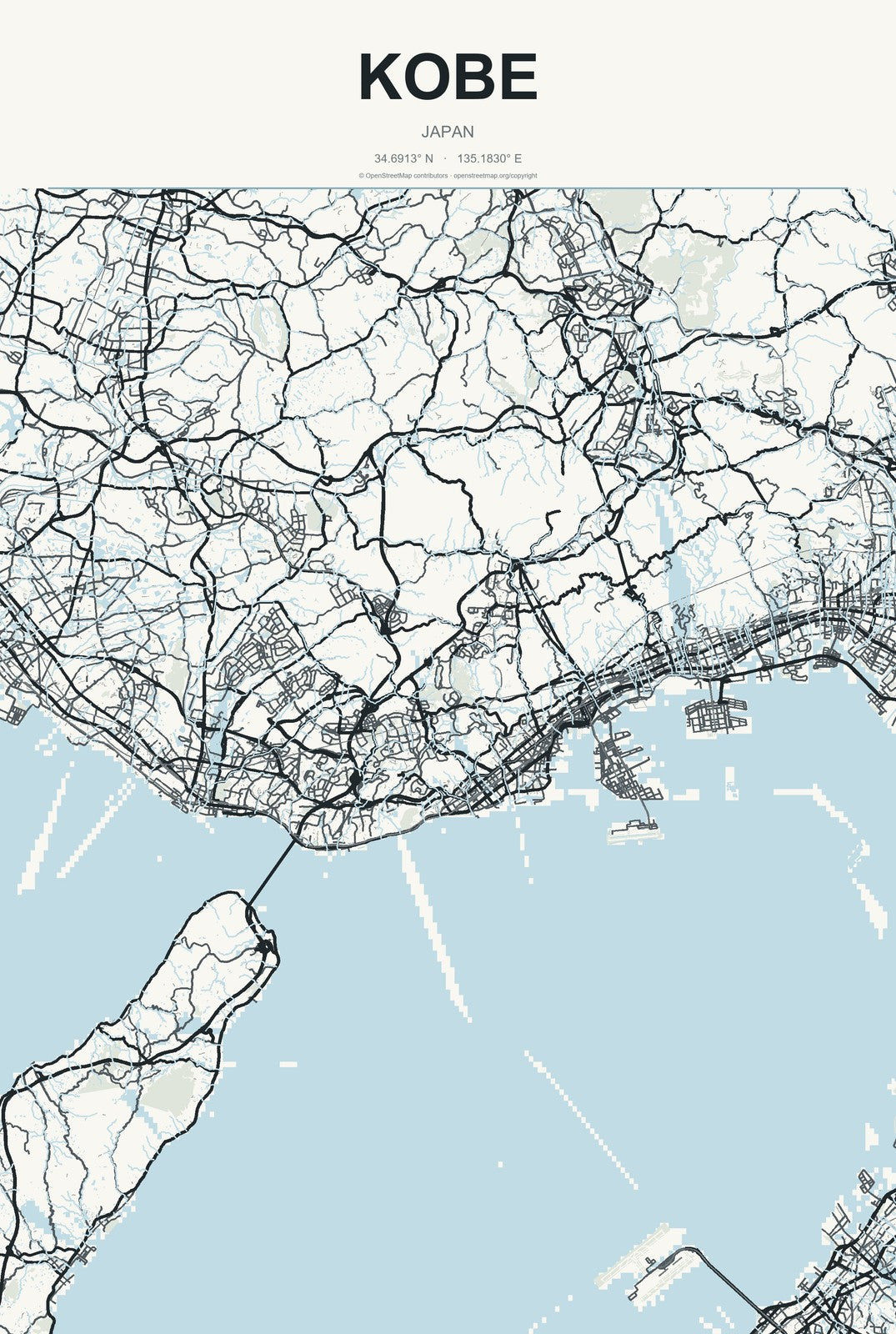 Kobe, Japan City Map Aluminum Sign in Headline Atlas style