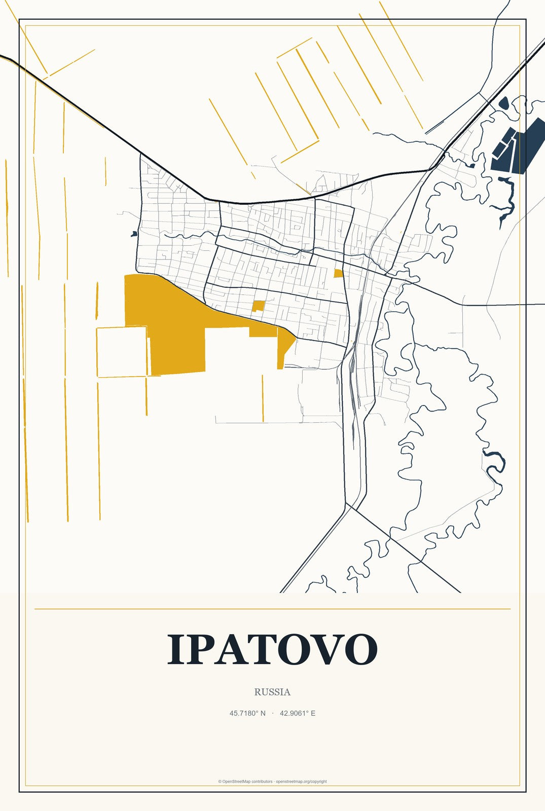 Ipatovo, Russia City Map Aluminum Sign in Citrine Modern style