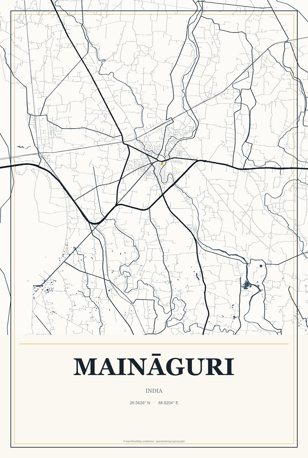 Maināguri, India City Map Aluminum Sign in Citrine Modern style