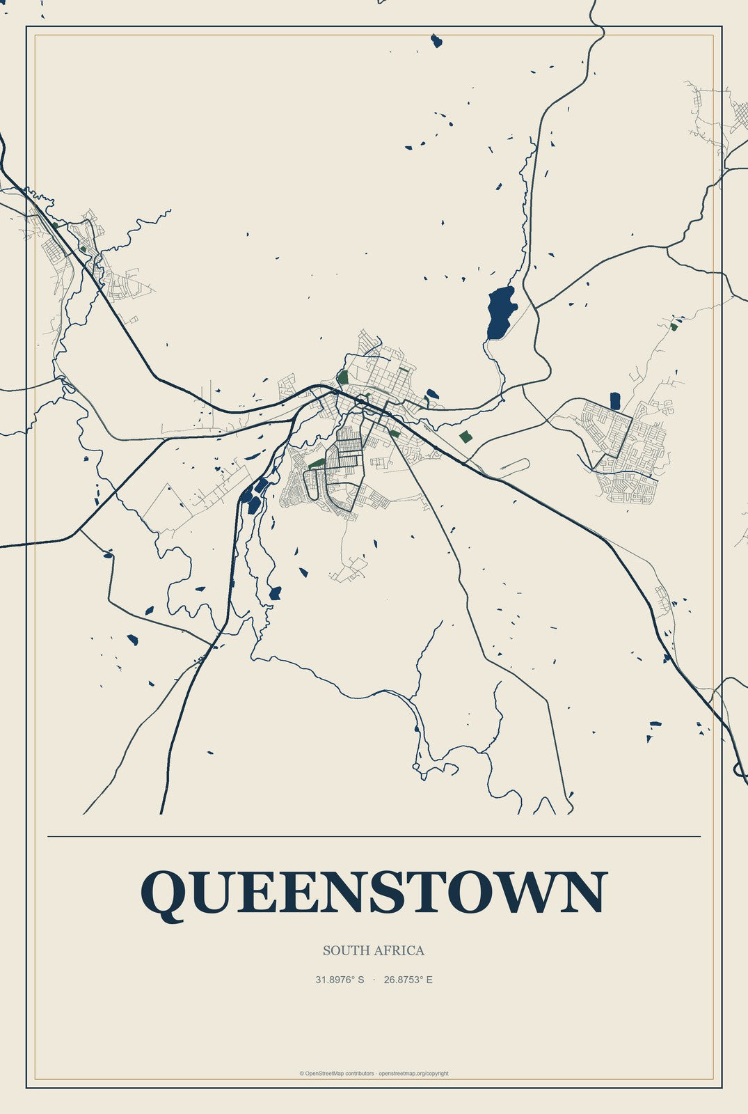 Queenstown, South Africa City Map Aluminum Sign in Coastal Cutout style