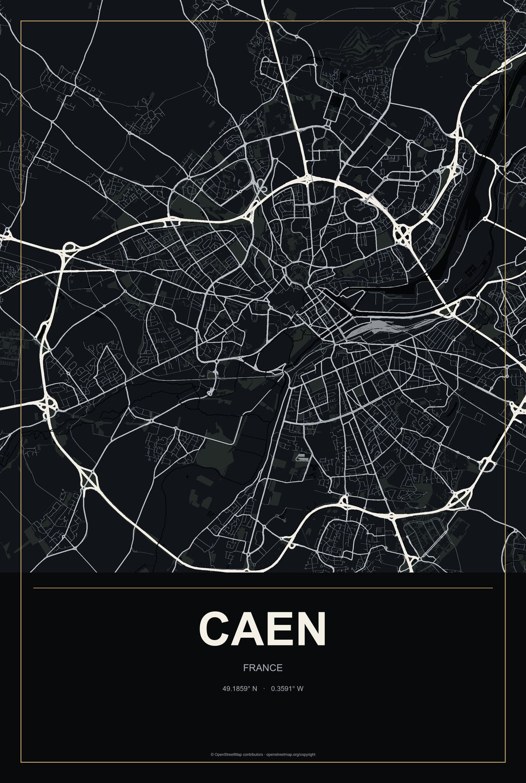 Caen, France City Map Aluminum Sign in Metropolitan Noir style