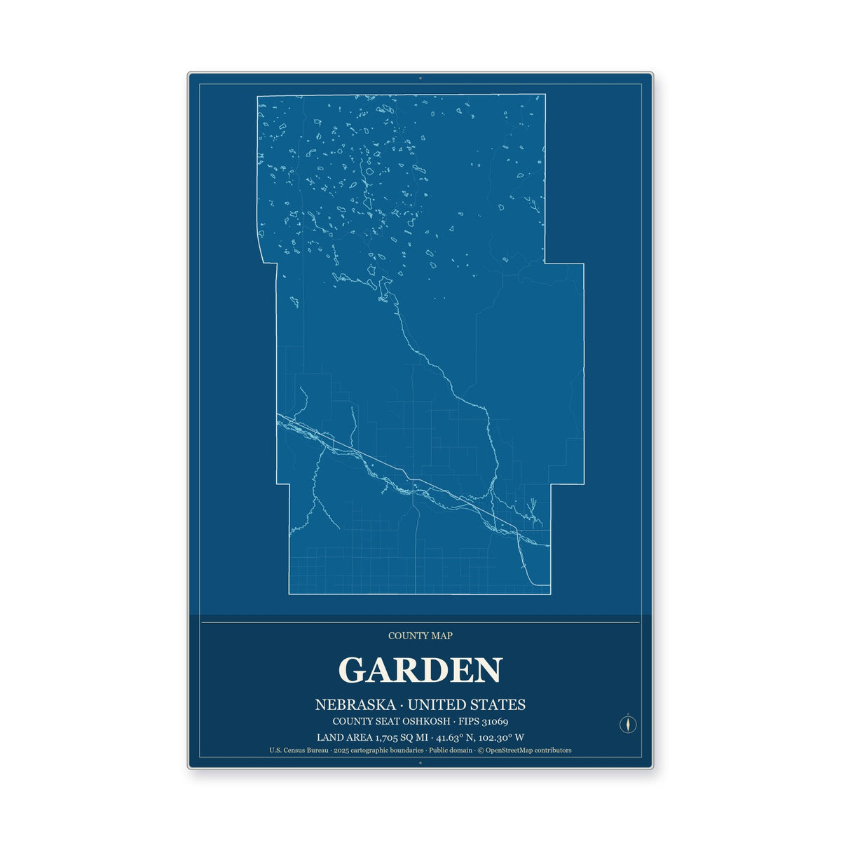 Garden County, Nebraska Map Aluminum Sign in Harbor Cobalt style