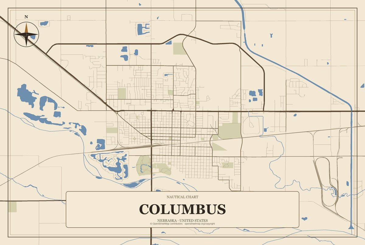 Columbus, Nebraska City Map Aluminum Sign in Heritage Nautical style