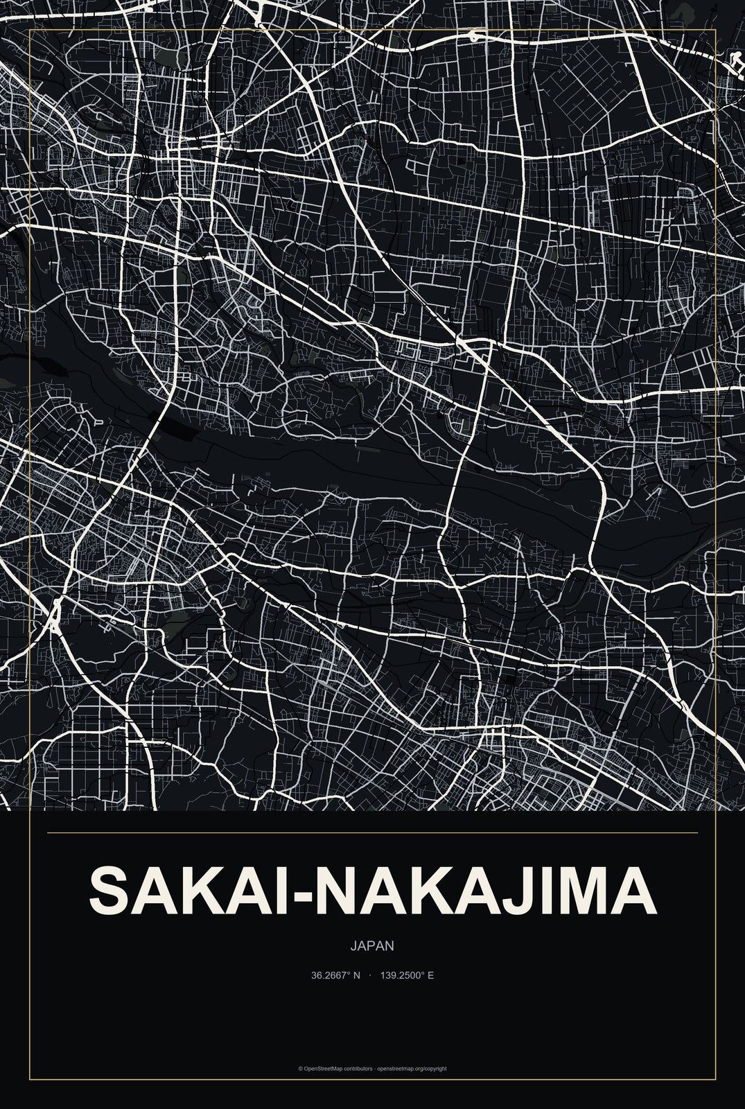 Sakai-nakajima, Japan City Map Aluminum Sign in Metropolitan Noir style