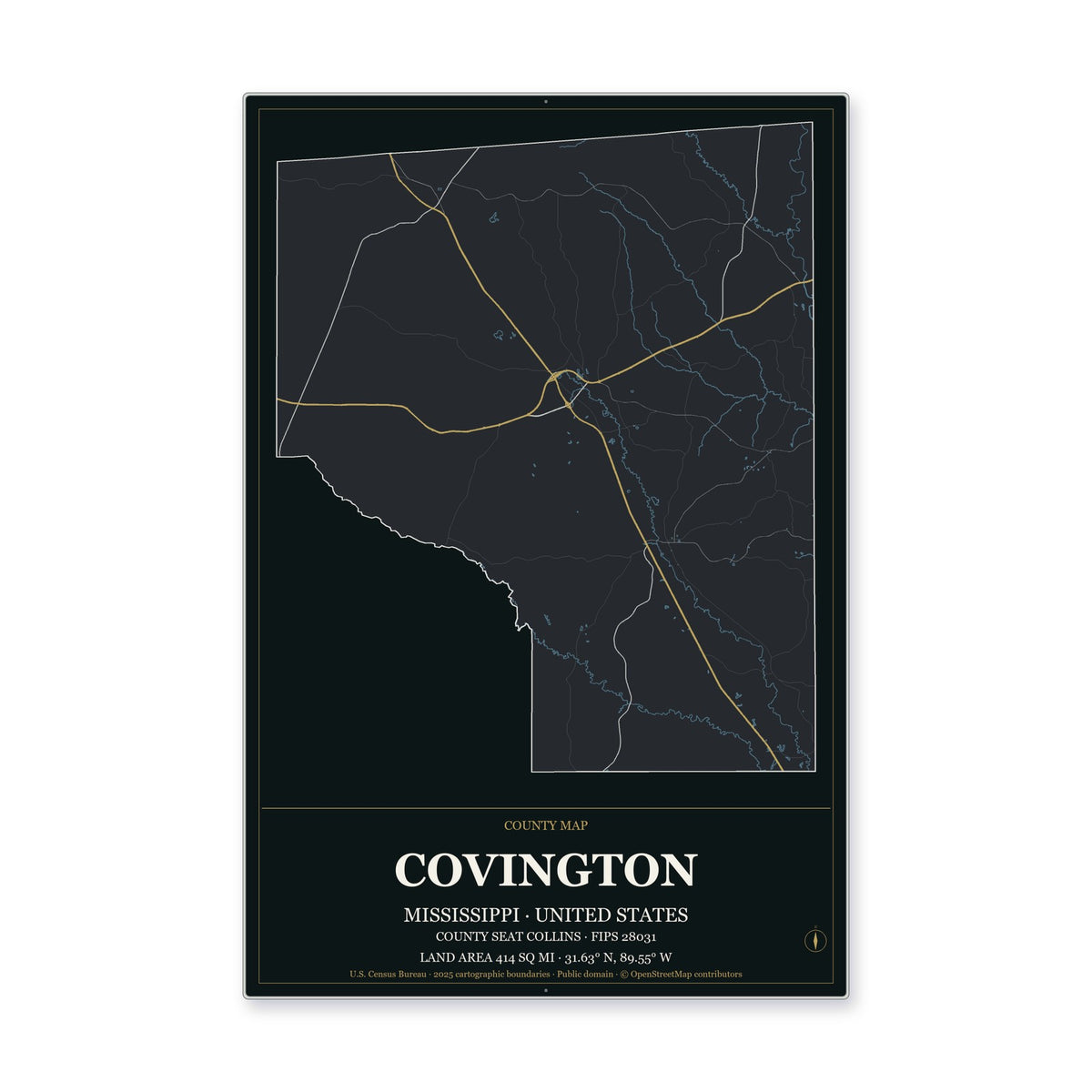 Covington County, Mississippi Map Aluminum Sign in Metropolitan Noir style