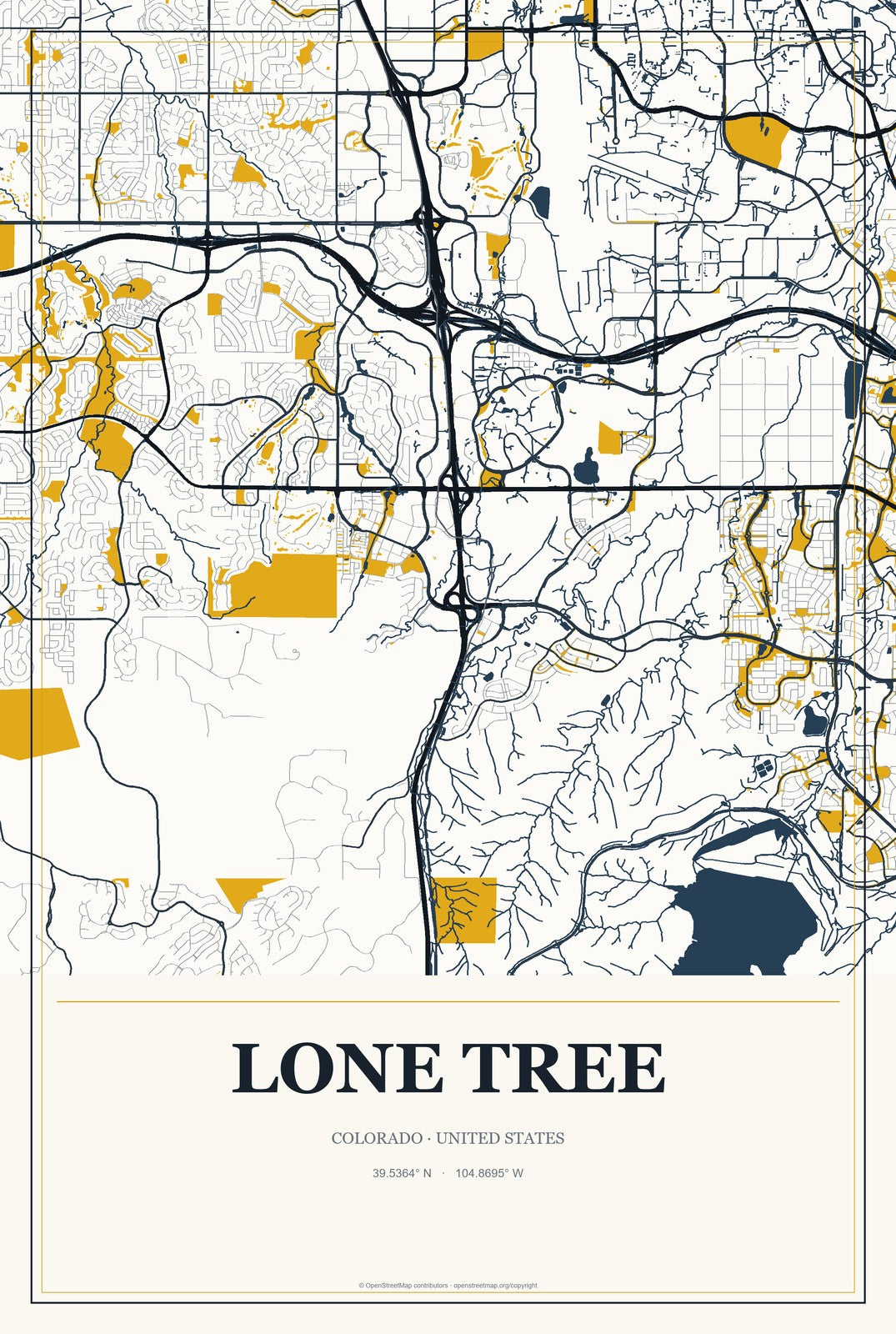Lone Tree, Colorado City Map Aluminum Sign in Citrine Modern style
