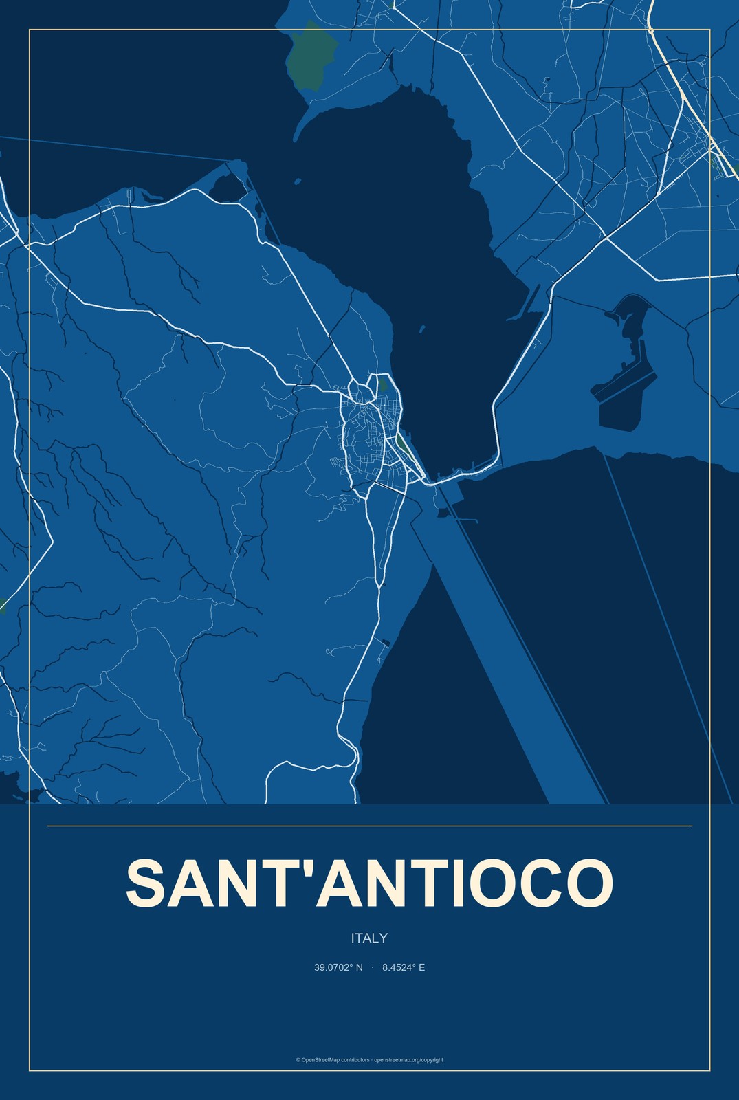 Sant'Antioco, Italy City Map Aluminum Sign in Harbor Cobalt style