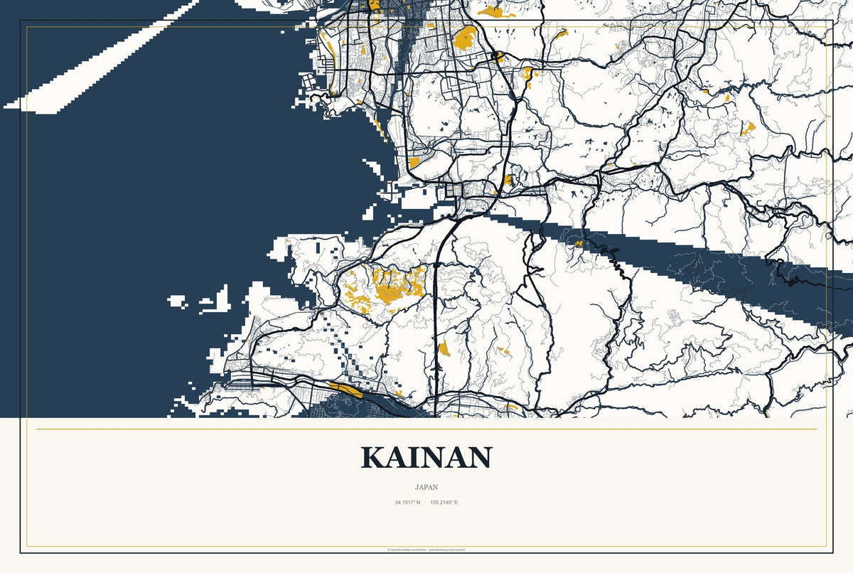 Kainan, Japan City Map Aluminum Sign in Citrine Modern style