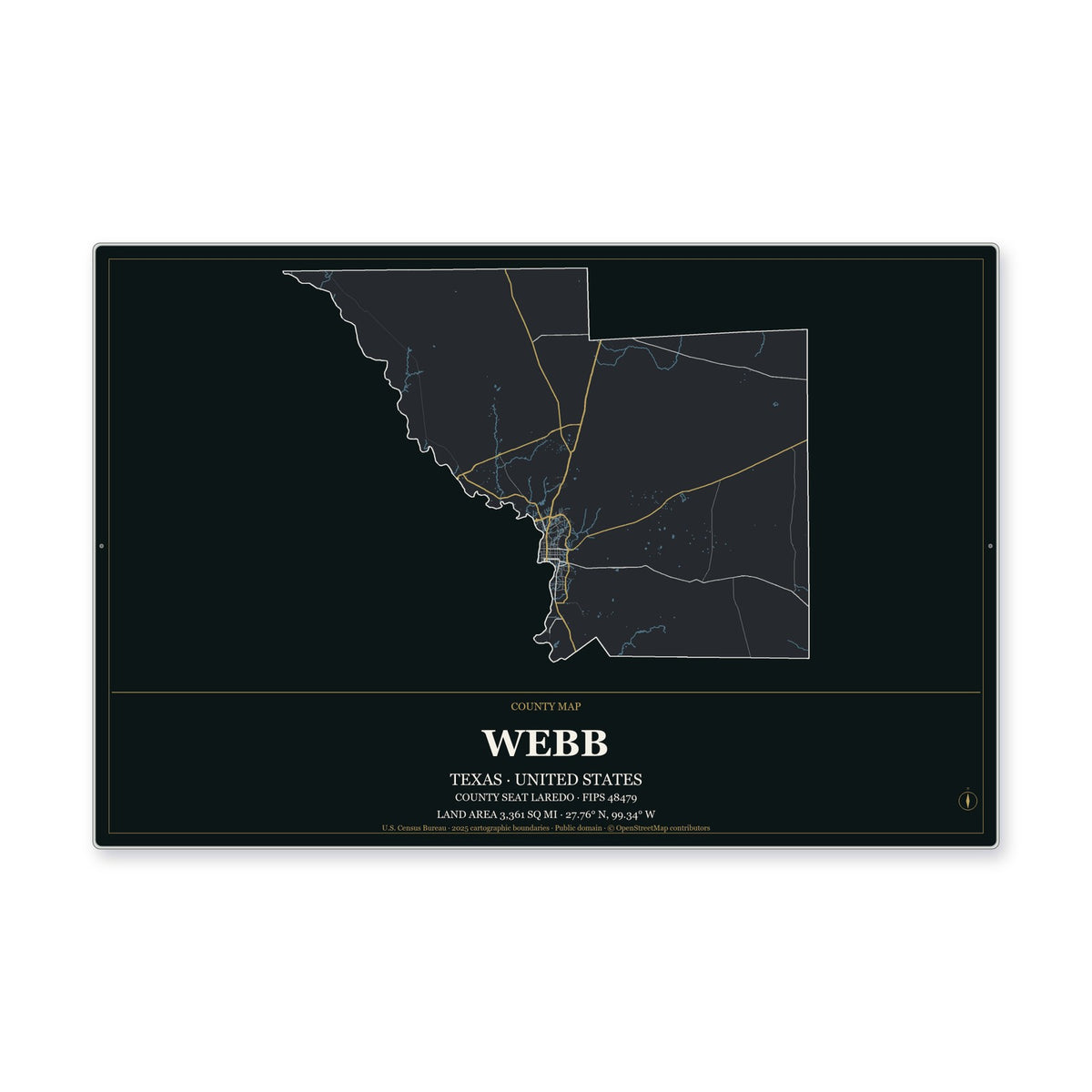 Webb County, Texas Map Aluminum Sign in Metropolitan Noir style