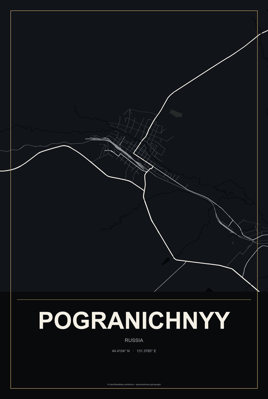 Pogranichnyy, Russia City Map Aluminum Sign in Metropolitan Noir style