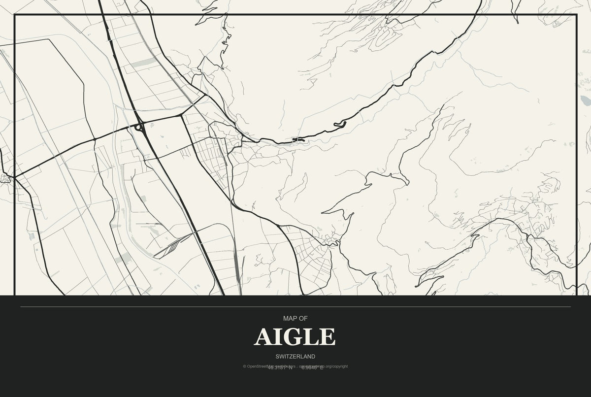 Aigle, Switzerland City Map Aluminum Sign in Museum Plaque style