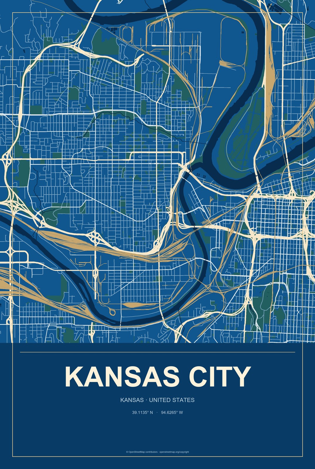 Kansas City, Kansas City Map Aluminum Sign in Harbor Cobalt style