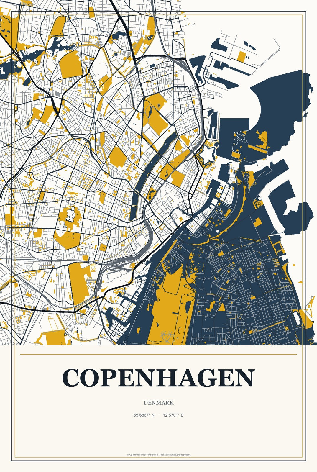 Copenhagen, Denmark City Map Aluminum Sign in Citrine Modern style