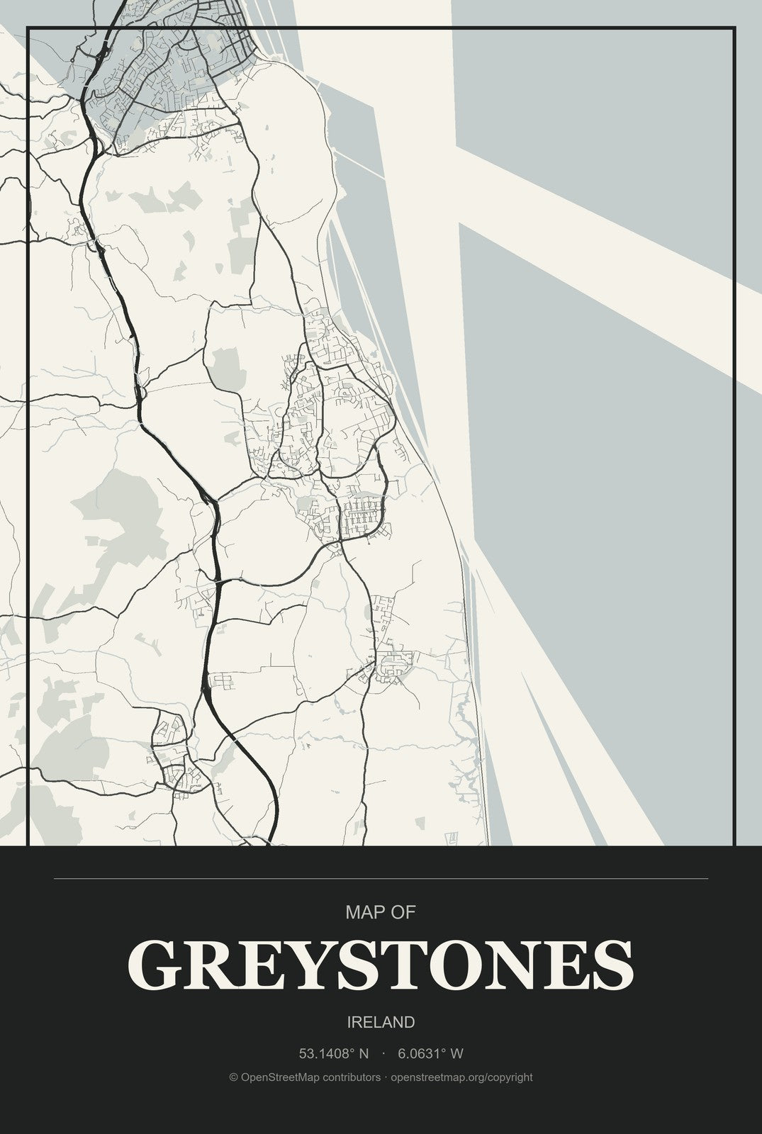 Greystones, Ireland City Map Aluminum Sign in Museum Plaque style