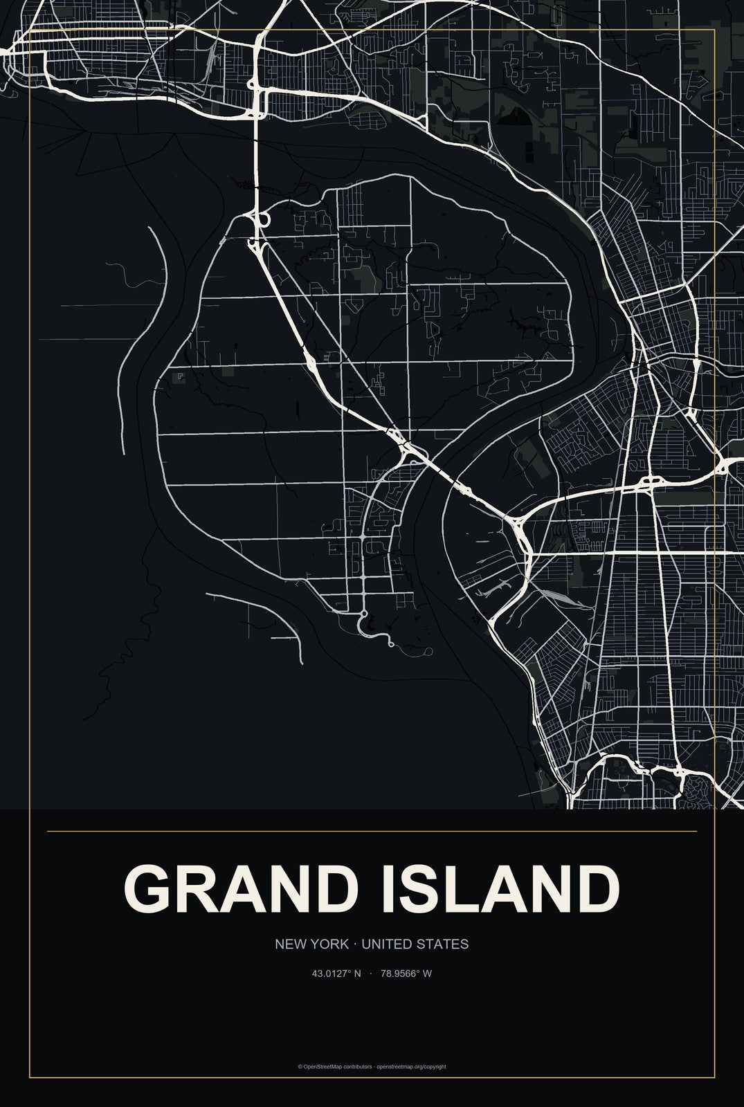 Grand Island, New York City Map Aluminum Sign in Metropolitan Noir style