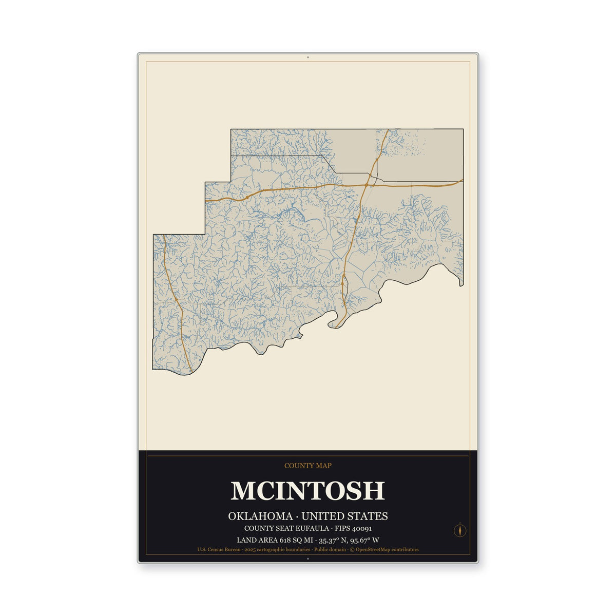McIntosh County, Oklahoma Map Aluminum Sign in Museum Plaque style