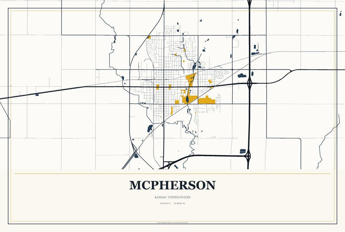 McPherson, Kansas City Map Aluminum Sign in Citrine Modern style