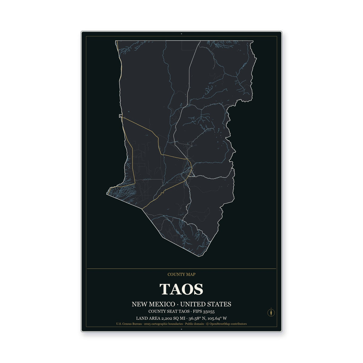 Taos County, New Mexico Map Aluminum Sign in Metropolitan Noir style