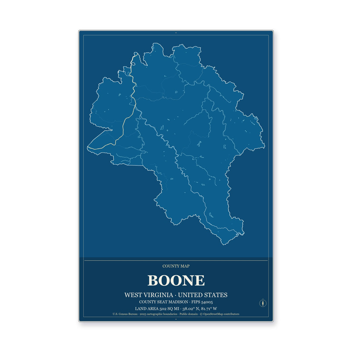 Boone County, West Virginia Map Aluminum Sign in Harbor Cobalt style