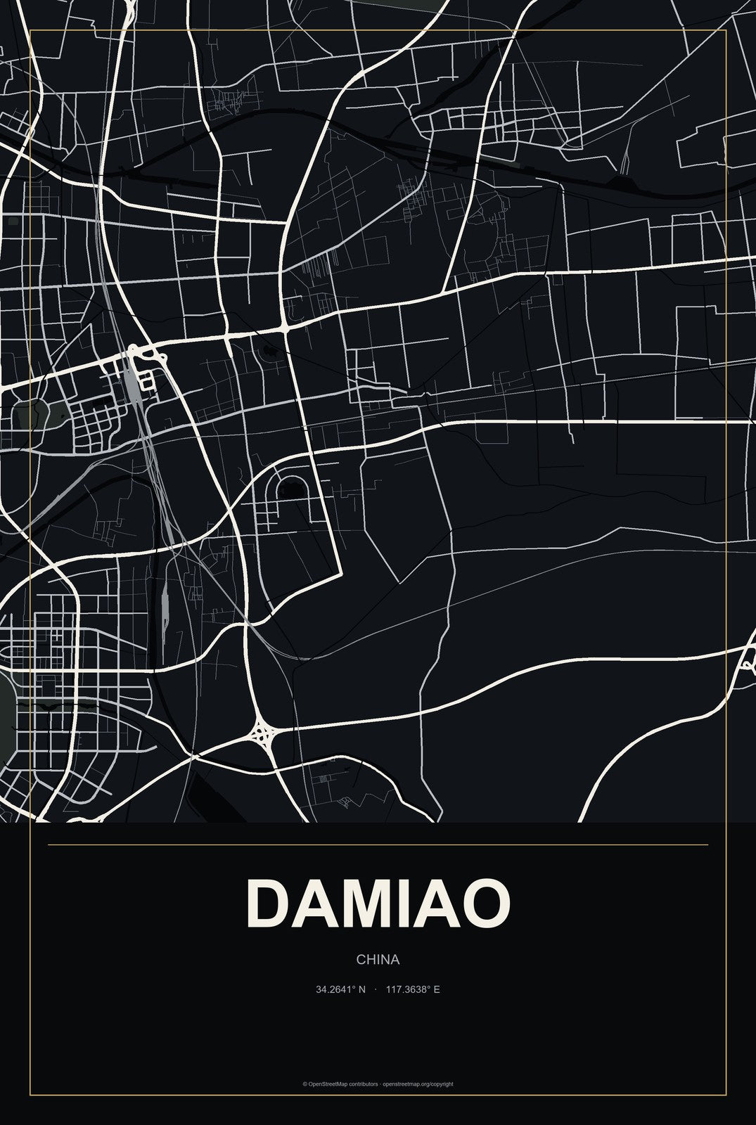 Damiao, Jiangsu, China City Map Aluminum Sign in Metropolitan Noir style