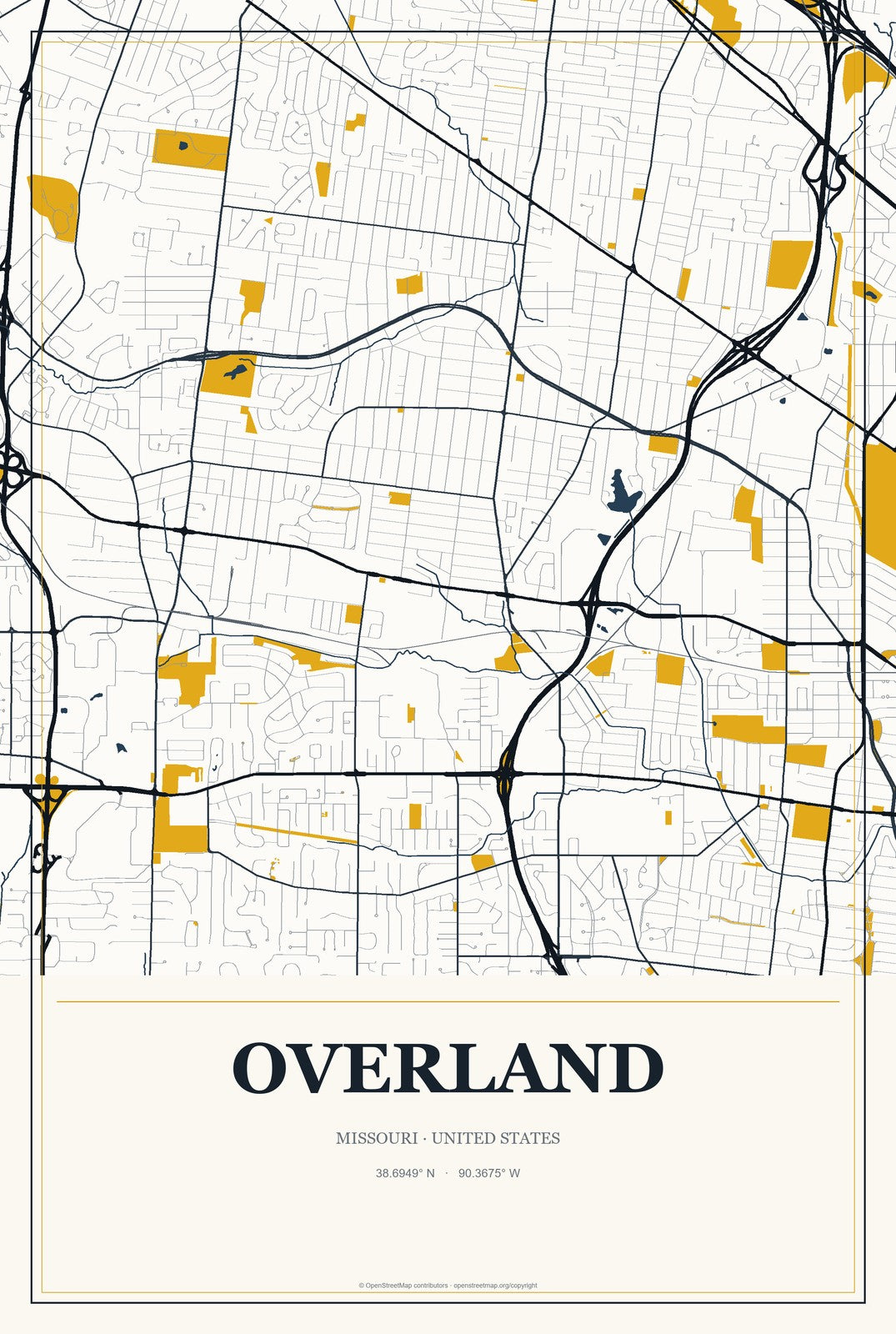 Overland, Missouri City Map Aluminum Sign in Citrine Modern style