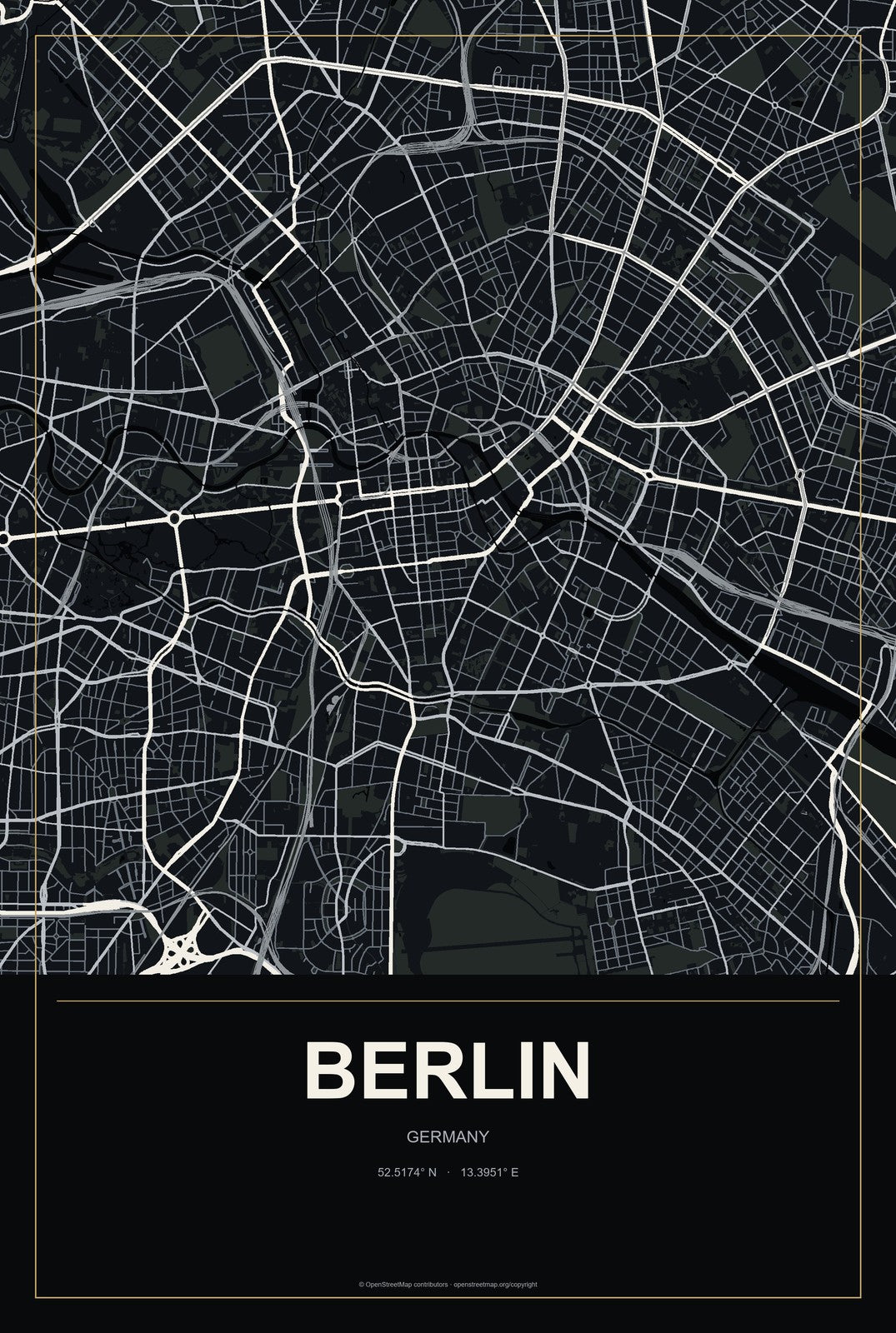 Berlin, Germany City Map Aluminum Sign in Metropolitan Noir style
