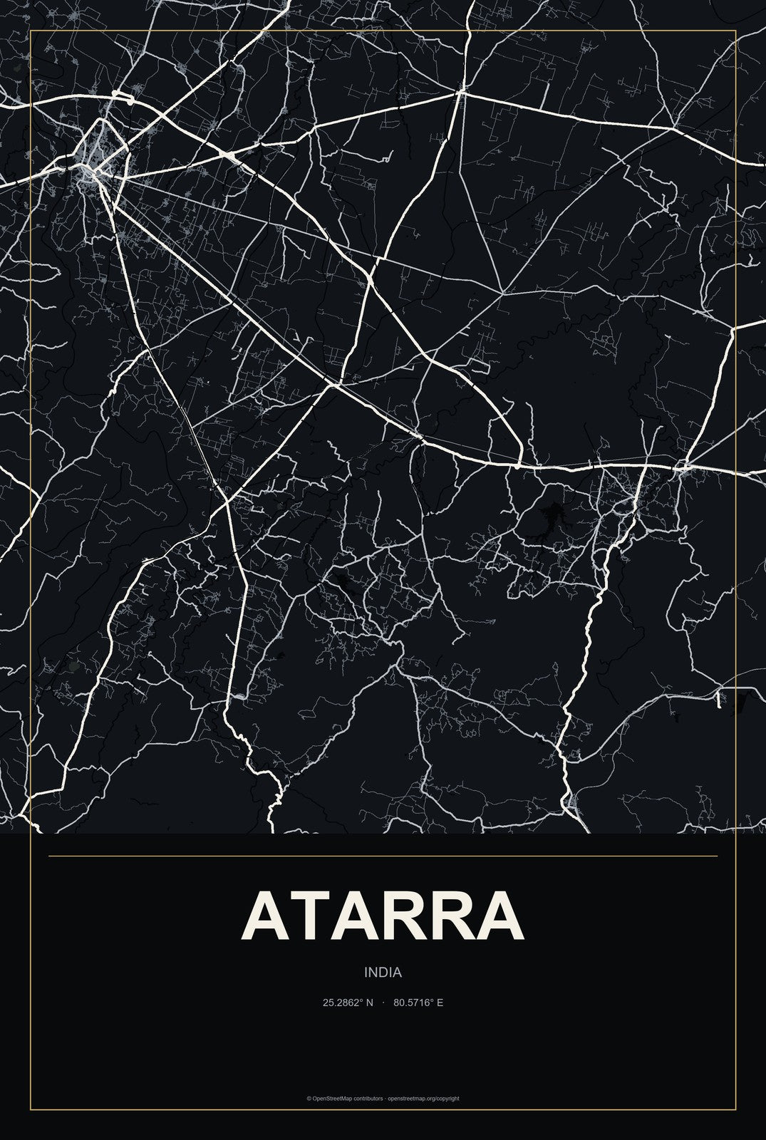 Atarra, India City Map Aluminum Sign in Metropolitan Noir style