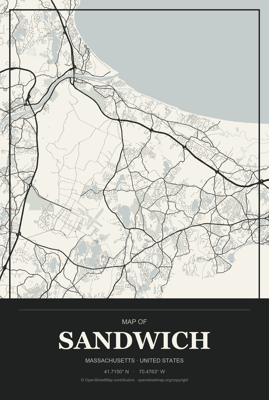 Sandwich, Massachusetts City Map Aluminum Sign in Museum Plaque style