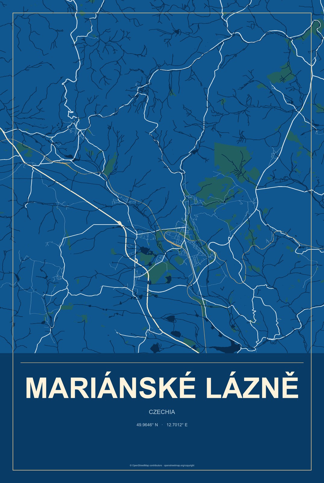 Mariánské Lázně, Czechia City Map Aluminum Sign in Harbor Cobalt style