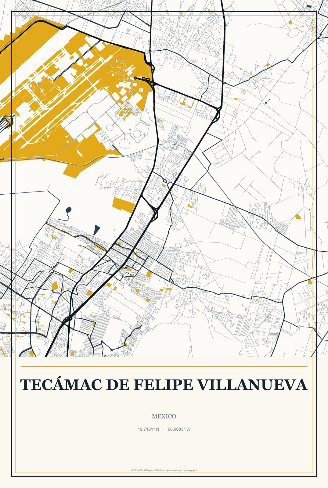 Tecámac de Felipe Villanueva, Mexico City Map Aluminum Sign in Citrine Modern style