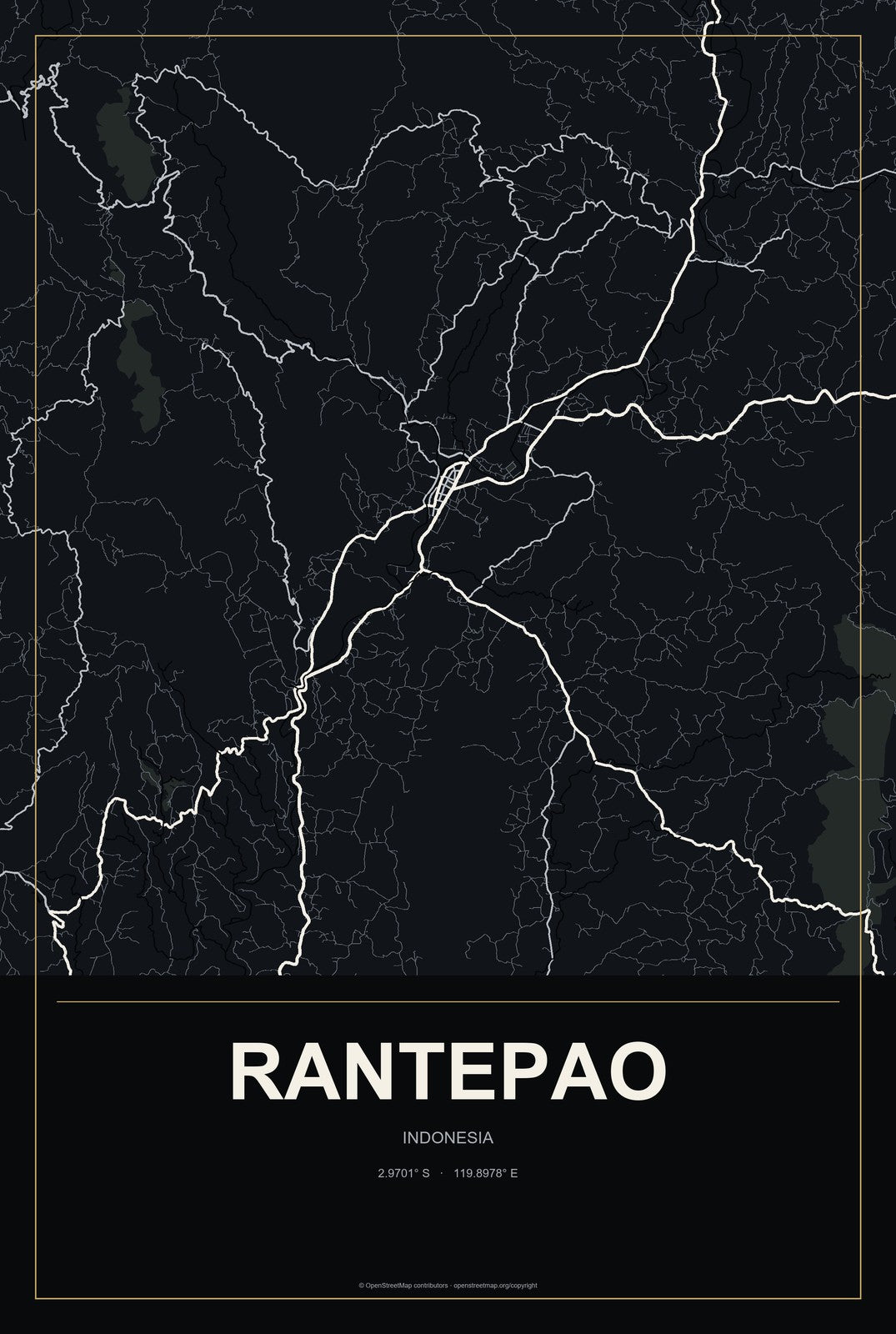 Rantepao, Indonesia City Map Aluminum Sign in Metropolitan Noir style