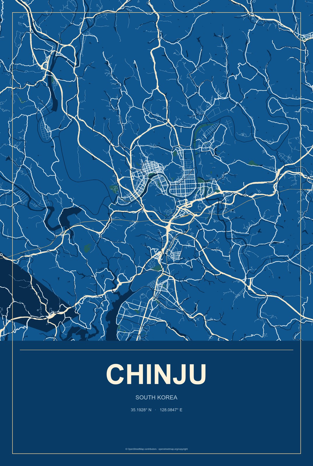 Chinju, South Korea City Map Aluminum Sign in Harbor Cobalt style