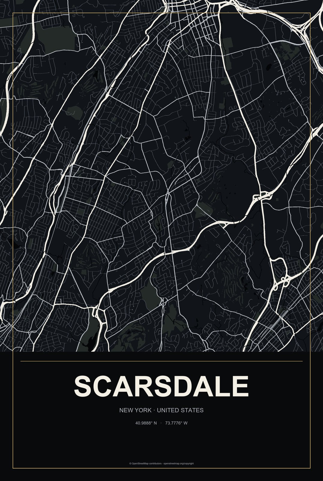 Scarsdale, New York City Map Aluminum Sign in Metropolitan Noir style